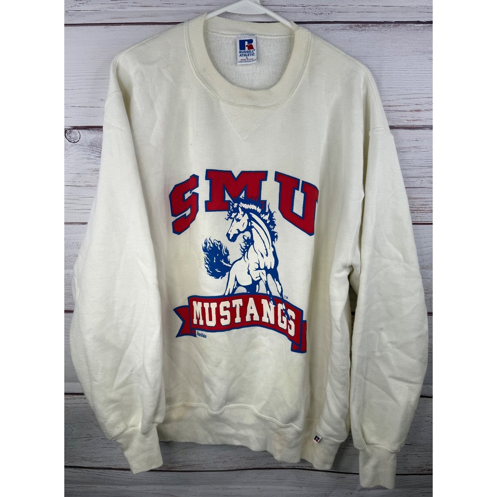 Vintage Russell Athletic SMU Mustangs Sweatshirt White L Made in USA Crewneck